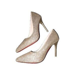 LONG XU DA SHOES Gold Sparkle And Red Stiletto Pumps Heels Size 38